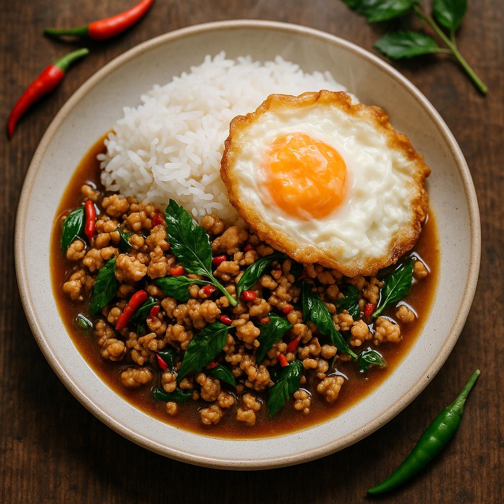 Pad Kra Pao Rezept: Thai‑Basilikum‑Huhn mit Jasminreis und knusprigem Spiegelei (Khai Dao), authentisch und schnell