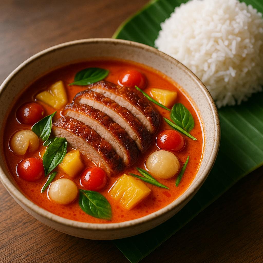 Gaeng Phed Ped Yang: Rotes Thai‑Curry mit knuspriger Ente, Lychee, Ananas und Thai‑Basilikum – authentisches Thai‑Rezept
