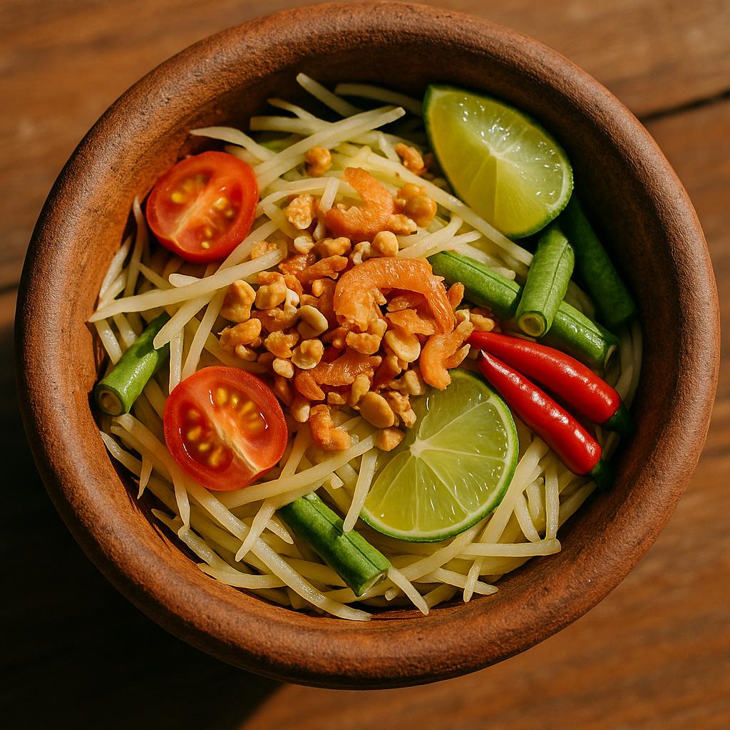 Som Tam Thai – grüner Papayasalat mit Erdnüssen, Tomaten und Limette, thailändisches Rezept, frisch und knackig