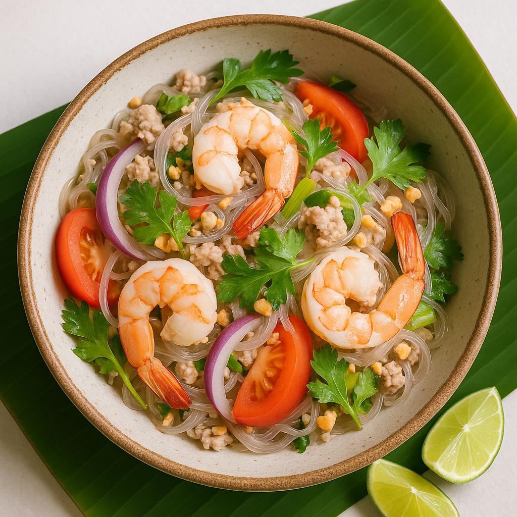Authentischer Yam Woon Sen Glasnudelsalat mit Garnelen, Schweinehack, Koriander, Sellerie, Tomaten und Erdnüssen auf Bananenblatt – frisch, würzig, thailändisch