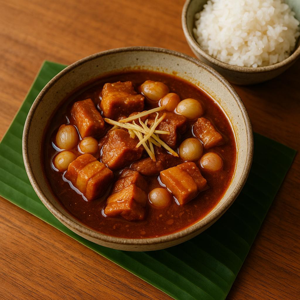 Gaeng Hang Lay in rustikaler Schale – nordthailändisches Schweinebauch-Curry ohne Kokosmilch mit Tamarinde, Ingwer und Knoblauch, serviert mit Reis