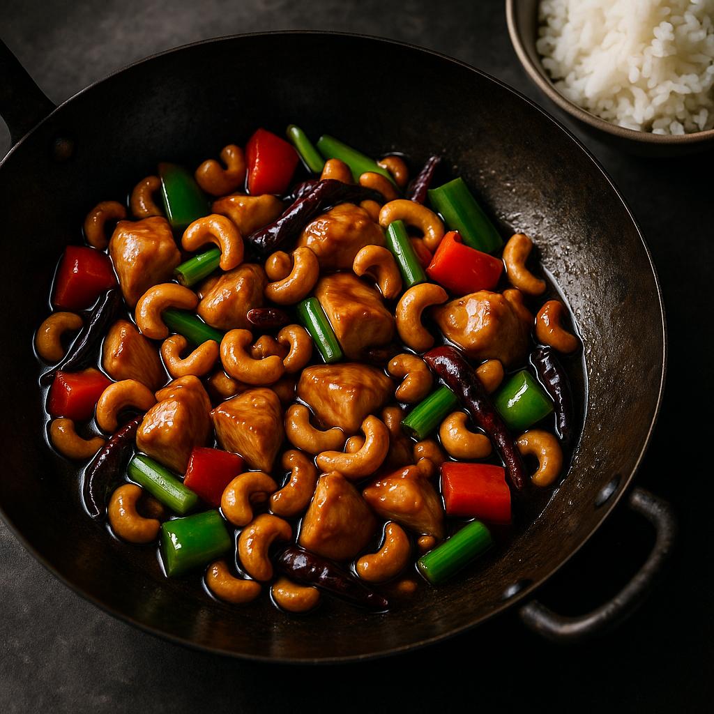 Thai Cashew Chicken (Gai Pad Med Mamuang) im Wok mit knusprigen Cashews, Paprika und Jasminreis – authentisches thailändisches Rezept
