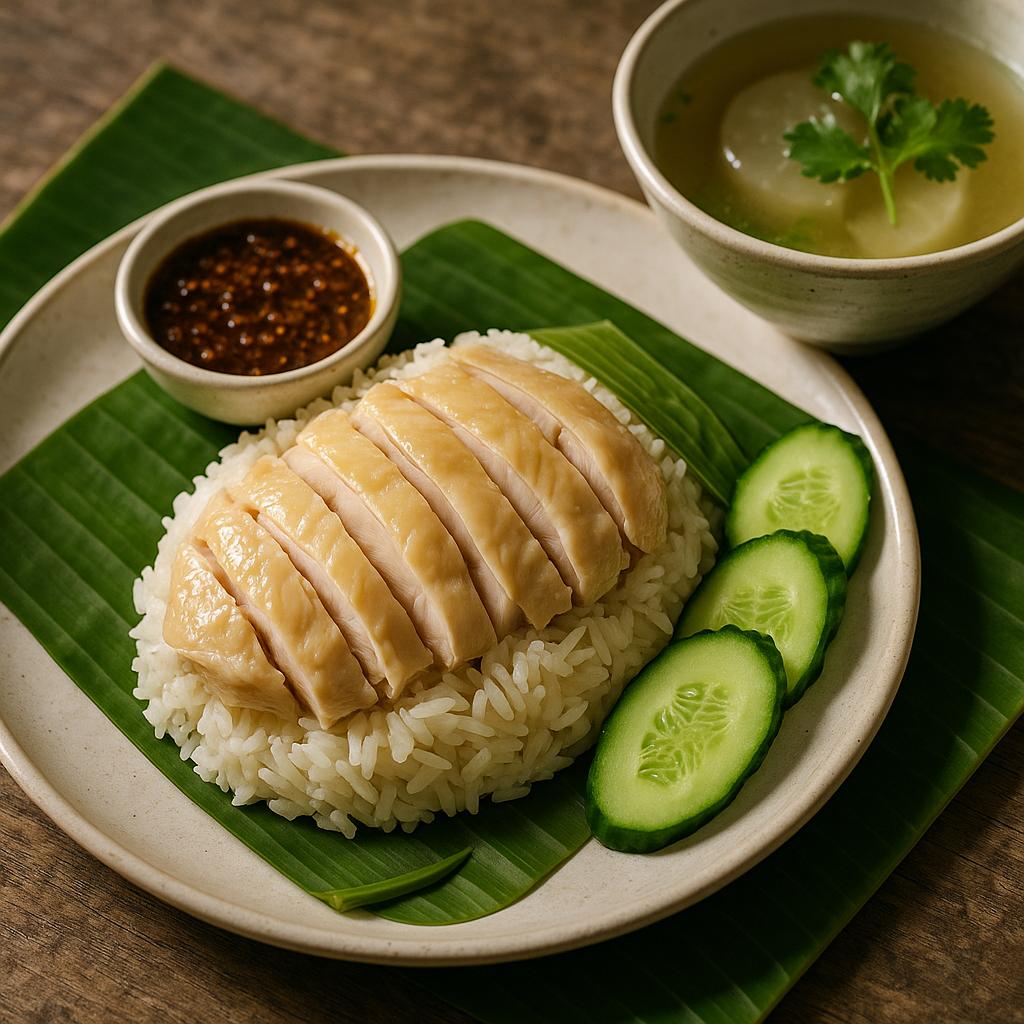 Khao Man Gai Rezept – zartes Hühnerfleisch auf Jasminreis mit Ingwer-Knoblauch-Sauce, Gurke und klarer Brühe; authentische thailändische Küche für zuhause