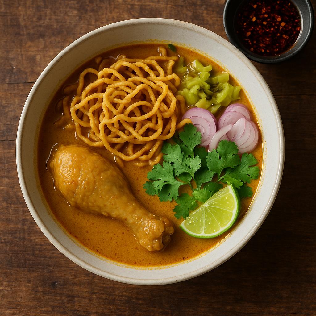 Authentische Khao Soi Gai in Schüssel mit cremiger Kokosbrühe, knusprigen Eiernudeln, eingelegtem Senfkraut, Schalotten und Limette – Thai‑Rezept aus Chiang Mai