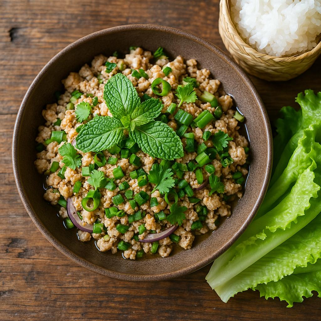 Larb Gai Rezept: thailändischer Hähnchen-Hackfleischsalat mit Minze, Koriander, Frühlingszwiebeln und geröstetem Reis, serviert mit Klebreis und Salatblättern