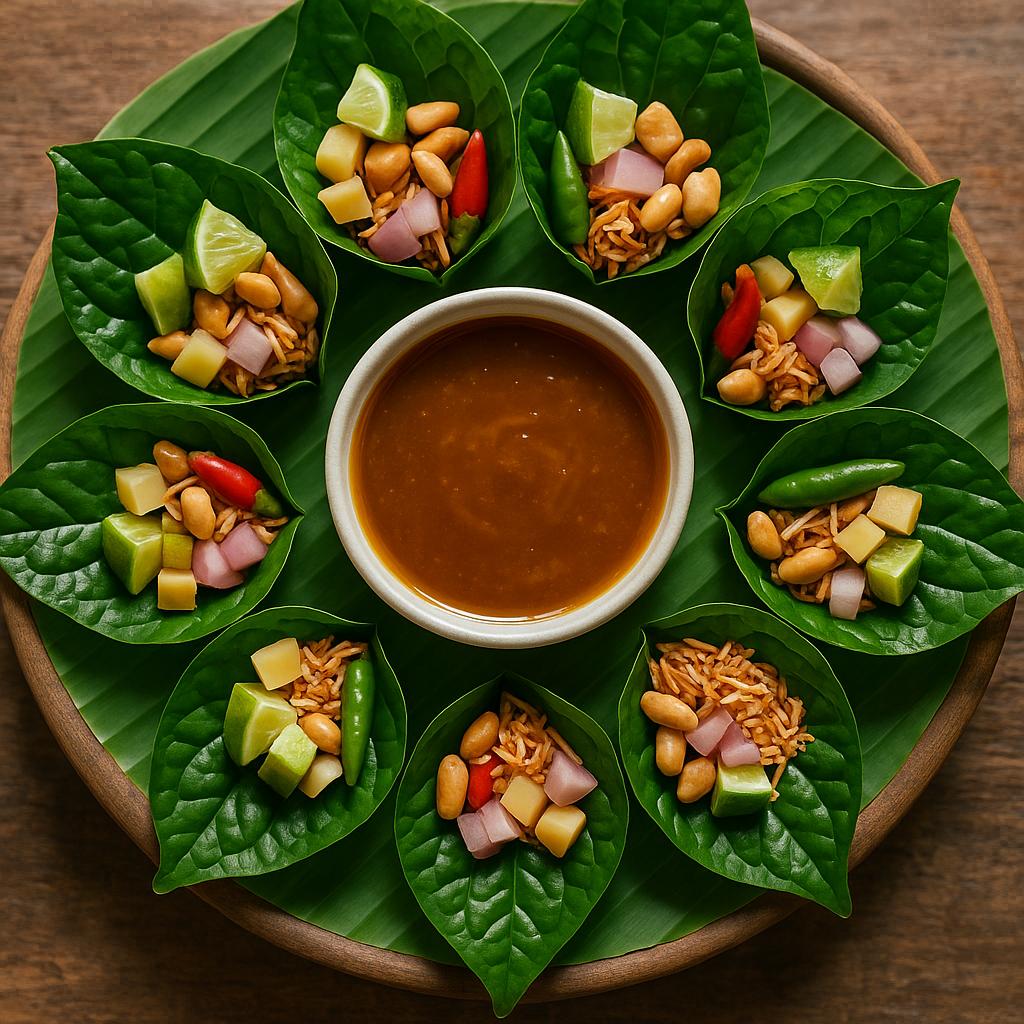 Miang Kham Rezept: Thai Blätterhäppchen mit Cha‑Plu/Spinat, Limettenwürfeln, Ingwer, Chili, gerösteter Kokosnuss und Erdnüssen auf Bananenblatt