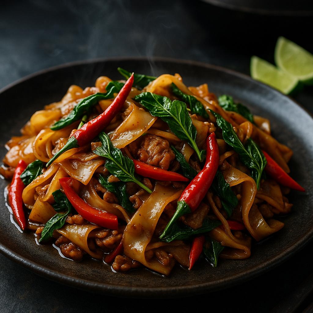 Pad Kee Mao (Drunken Noodles): breite Reisbandnudeln mit Chili, Gemüse und Thai‑Basilikum, glänzend im Wok‑Stil serviert