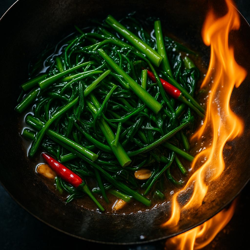Pad Pak Boong Fai Daeng: gebratener Wasserspinat mit Knoblauch und Chili im Wok – authentisches Thai‑Rezept, schnell und aromatisch