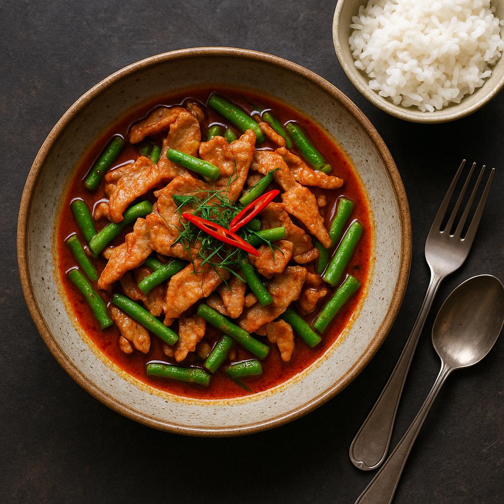 Pad Prik Khing – trockenes Thai Curry mit grünen Bohnen und Schweinefleisch, serviert mit Jasminreis, aromatisch und würzig