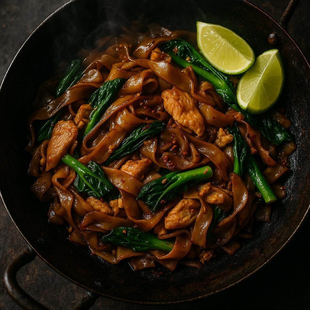 Pad See Ew Rezept – breite Reisnudeln mit Huhn, Brokkoli und Ei im Wok, rauchig und authentisch thailändisch