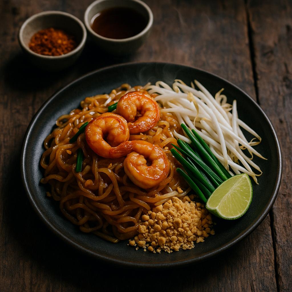 Pad Thai mit Garnelen auf Teller, garniert mit Erdnüssen, Sprossen, Schnittlauch und Limettenspalten – authentisches Pad-Thai-Rezept
