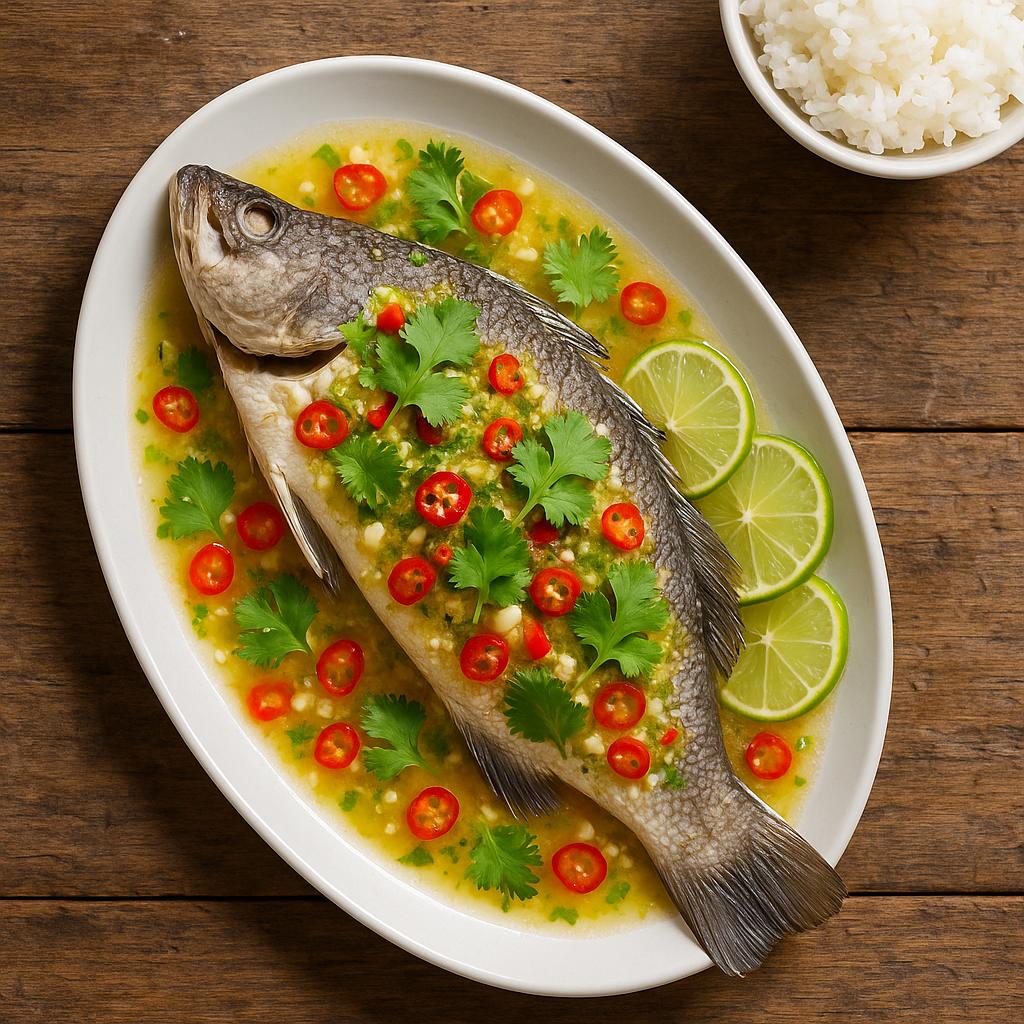 Gedämpfter Thai-Fisch Pla Neung Manao auf ovalem Teller mit Limetten‑Knoblauch‑Chili‑Soße, Koriander und Jasminreis