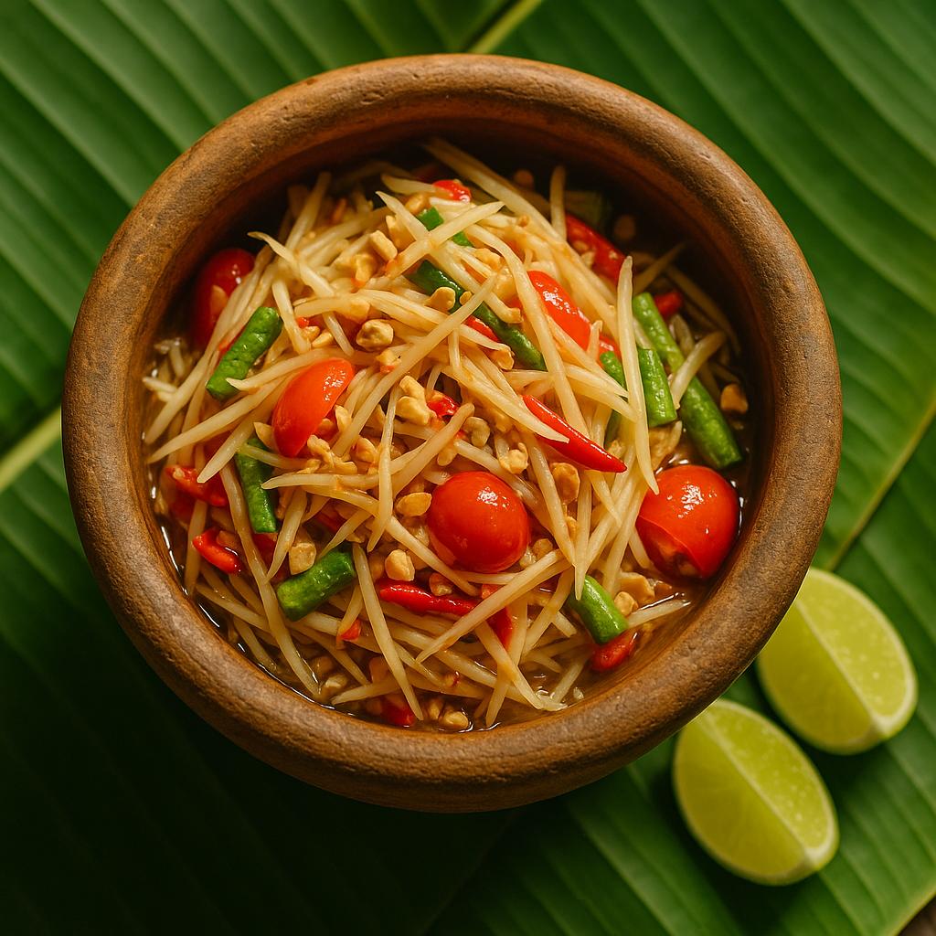 Som Tam Thai – grüner Papayasalat im Mörser mit Limette, Chili, Tomaten und Erdnüssen, authentisches Thai-Rezept