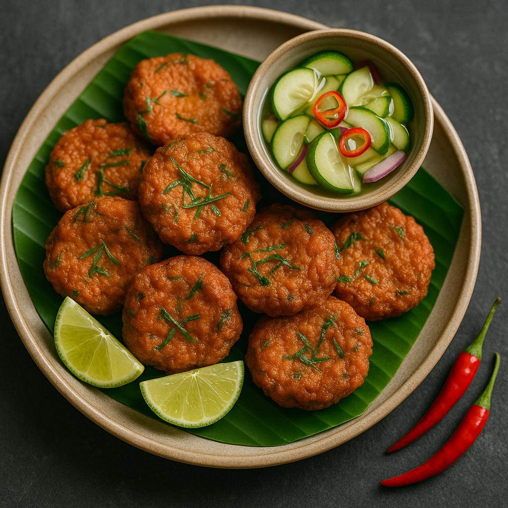 Knusprige thailändische Fischkuchen (Tod Mun Pla) mit Kaffirlimettenblättern und Gurken‑Relish Ajaad auf Bananenblatt – authentisches Thai‑Streetfood Rezept
