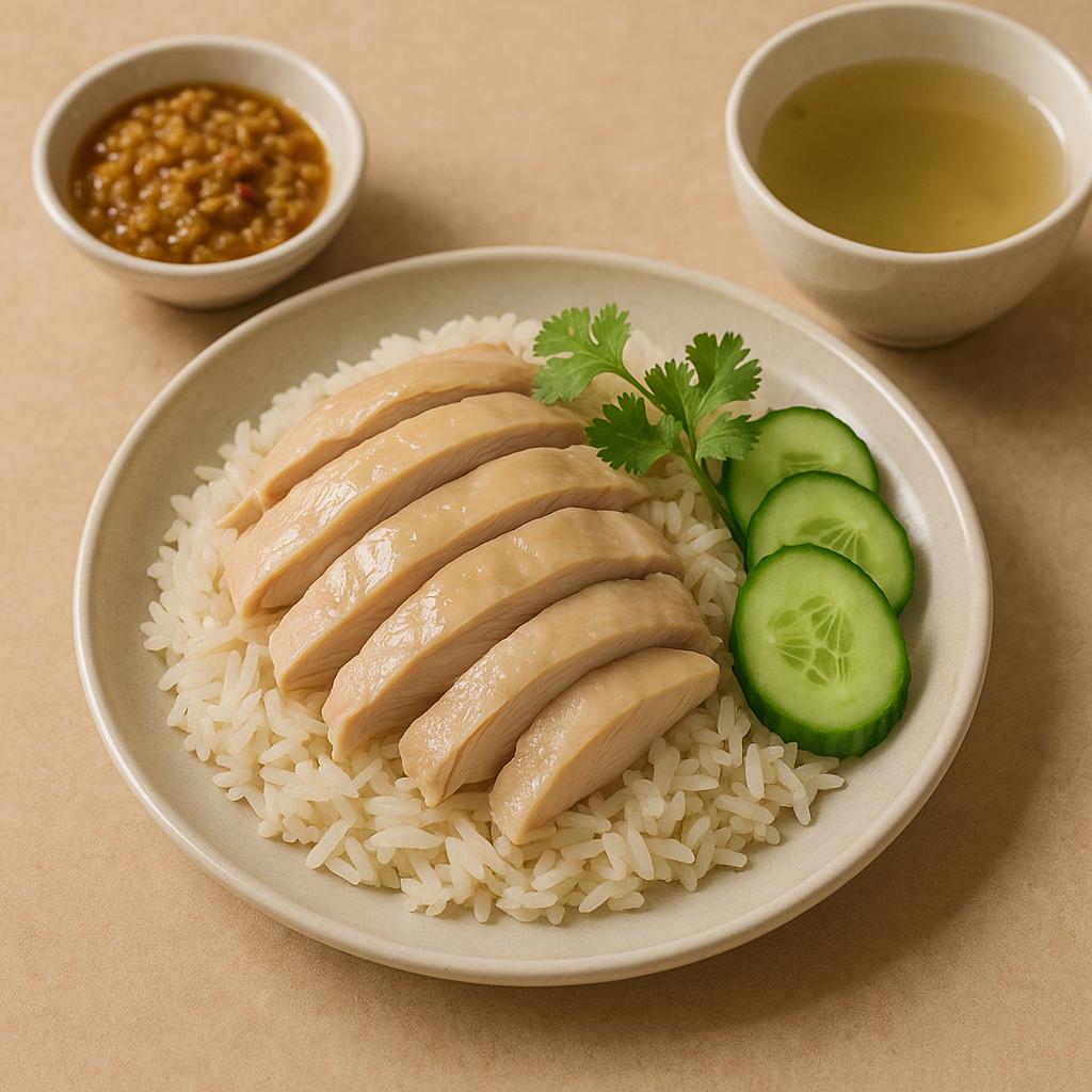 Khao Man Gai: zartes Hähnchen auf Jasminreis mit Ingwer‑Knoblauch‑Dip, Gurken und Brühe – authentisches Thai‑Rezept