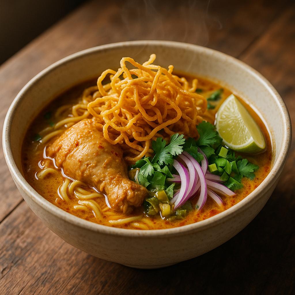 Authentische Khao Soi Gai in goldener Kokosbrühe mit knusprigen Eiernudeln, Senfkohl, roten Zwiebeln und Limette – nordthailändische Curry-Nudelsuppe Rezept