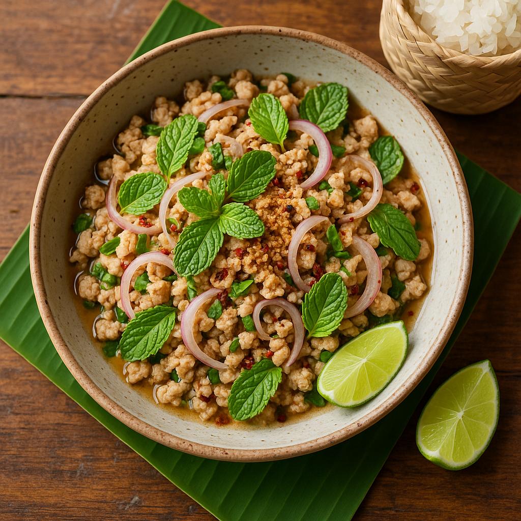 Larb Gai Rezept: thailändischer Hähnchensalat mit Minze, Schalotten, Limette und geröstetem Reis (Khao Khua), serviert mit Klebreis