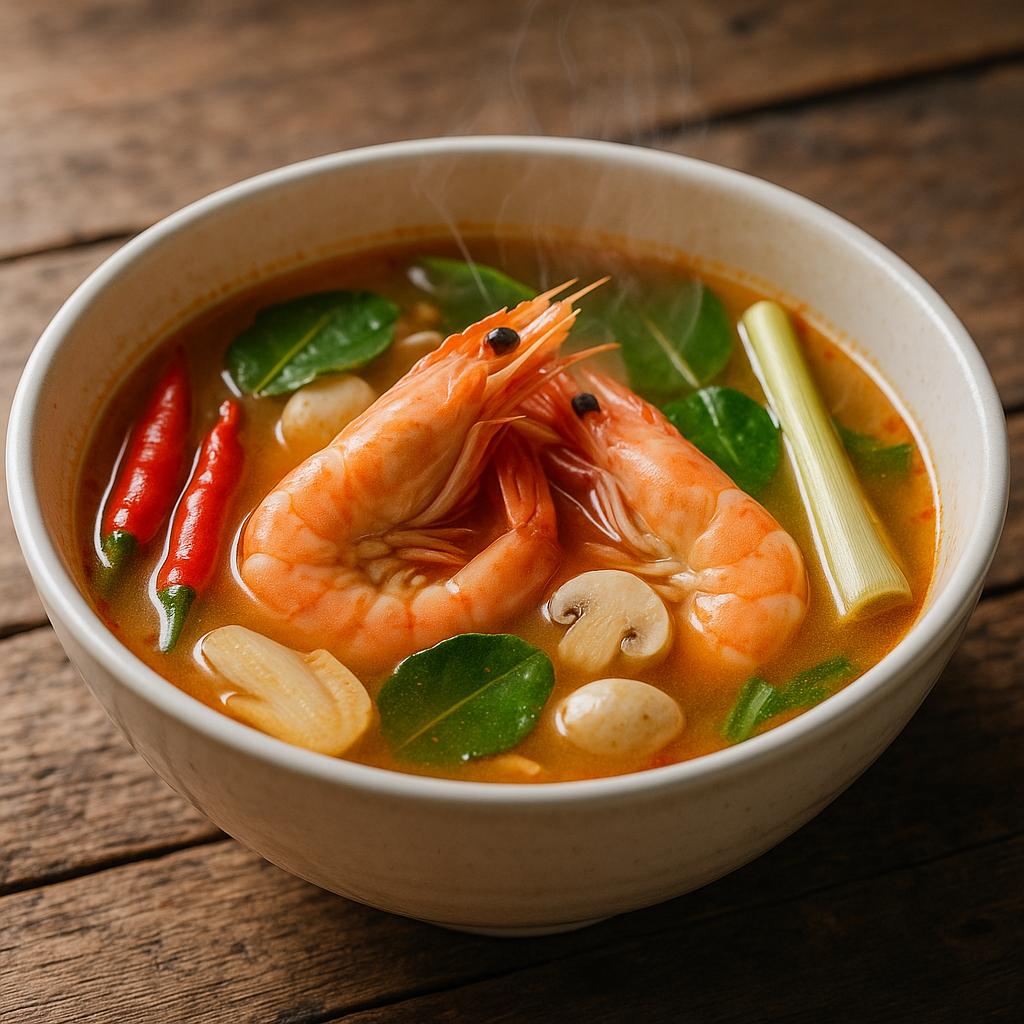 Tom Yum Goong Rezept – klare scharf‑saure thailändische Garnelensuppe mit Garnelen, Zitronengras, Galgant, Kaffirlimettenblättern und roten Chilis