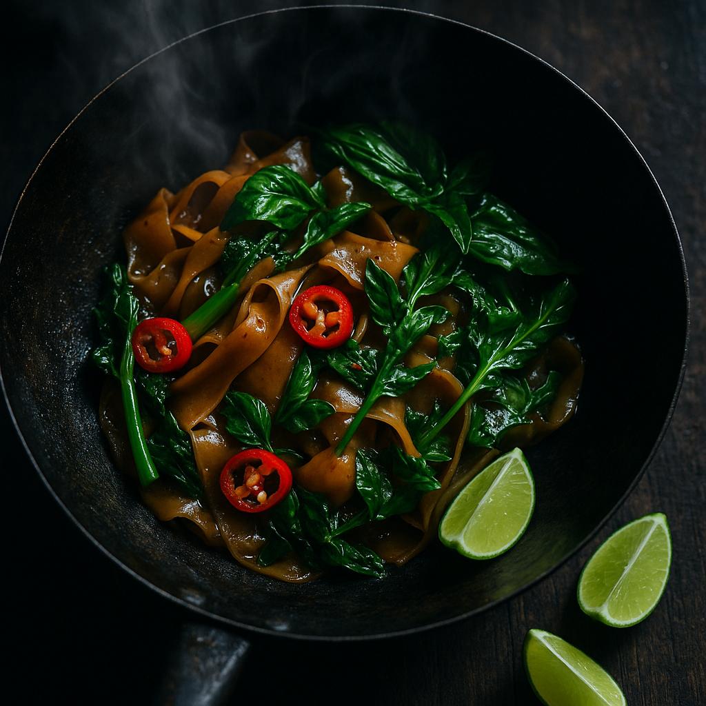 Pad Kee Mao (Drunken Noodles) mit breiten Reisnudeln, Thai‑Basilikum, Chili und Gai Lan im Wok – authentisches, schnelles Thai‑Rezept