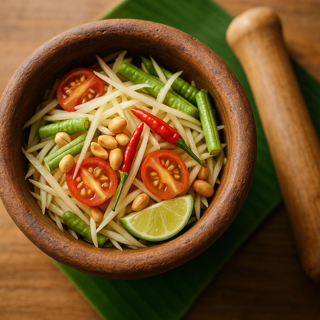 Som Tam Thai – grüner Papayasalat mit Erdnüssen, Chili und Limette, authentisches thailändisches Rezept