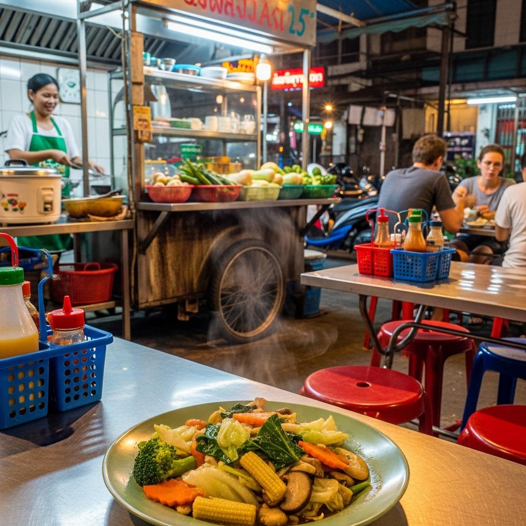 Photorealistic Pad Pak Ruam Mit on a simple table in the foreground of a busy Bangkok night street-food restaurant with neon light, plastic chairs, open wok kitchen, and authentic local atmosphere.