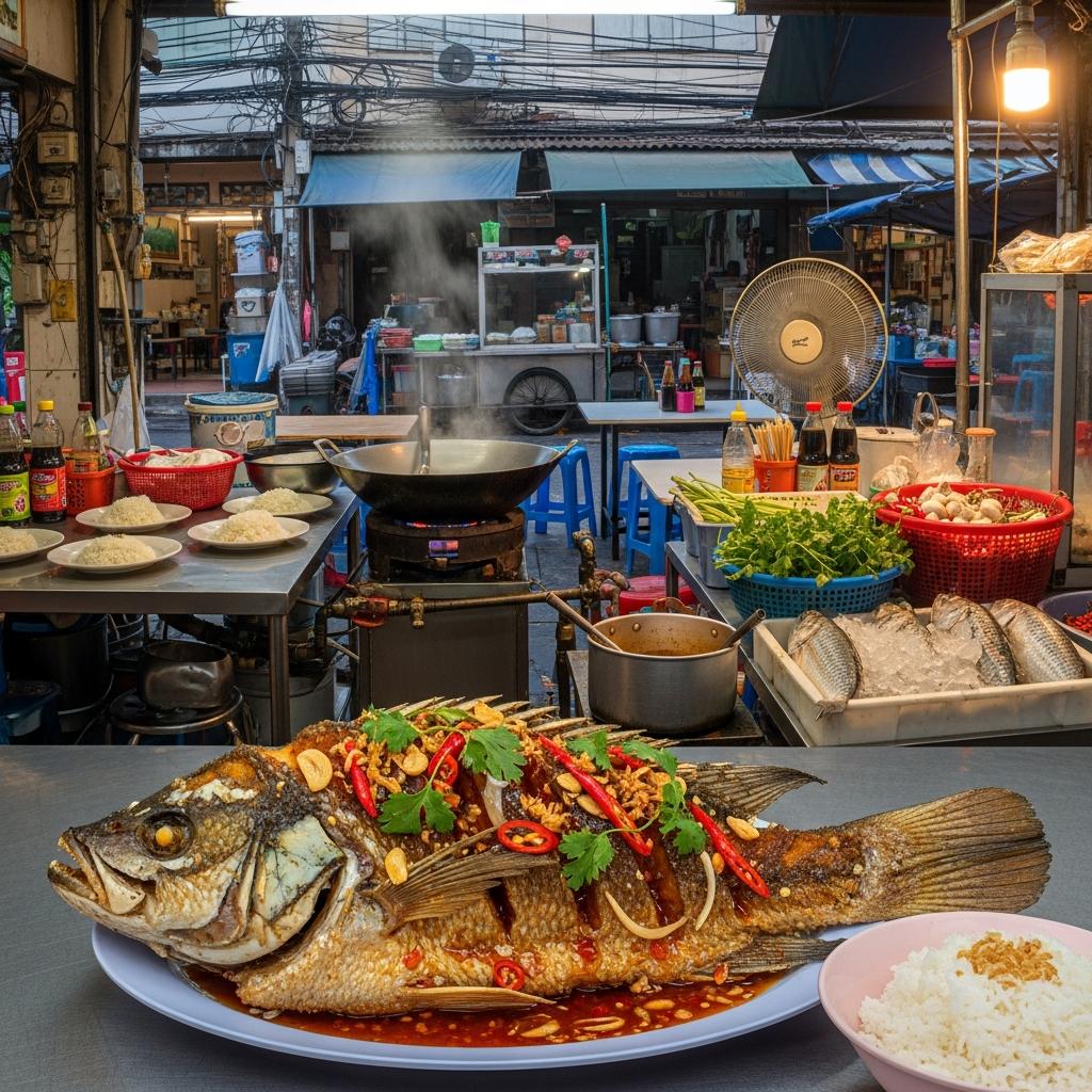 Photorealistic Pla Rad Prik on a simple table in a busy Bangkok night street-food restaurant with neon light, plastic chairs, wok station, and authentic local atmosphere.