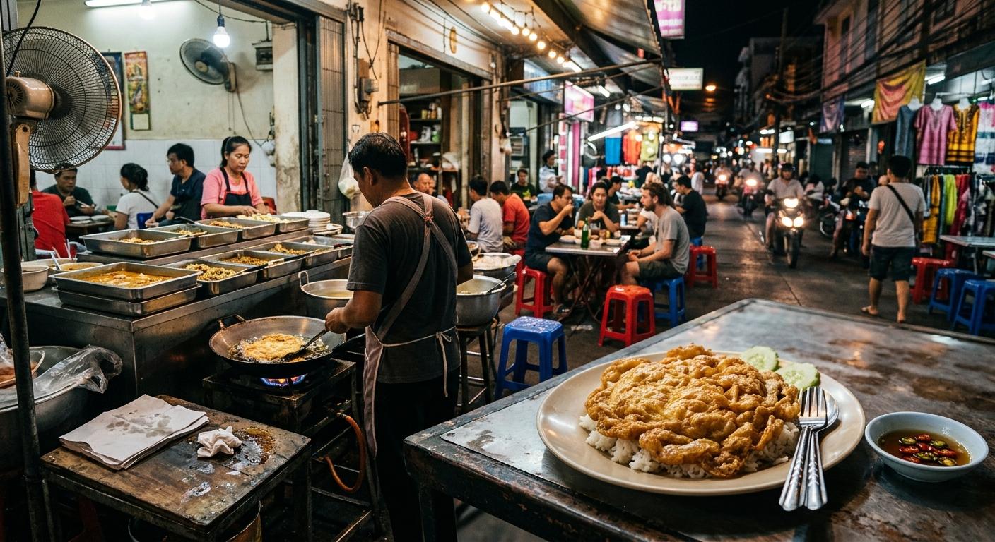 Photorealistic Khai Jiao on a simple table in a busy Bangkok night street-food eatery with plastic stools, stainless counter, open kitchen, and warm neon-lit documentary atmosphere.