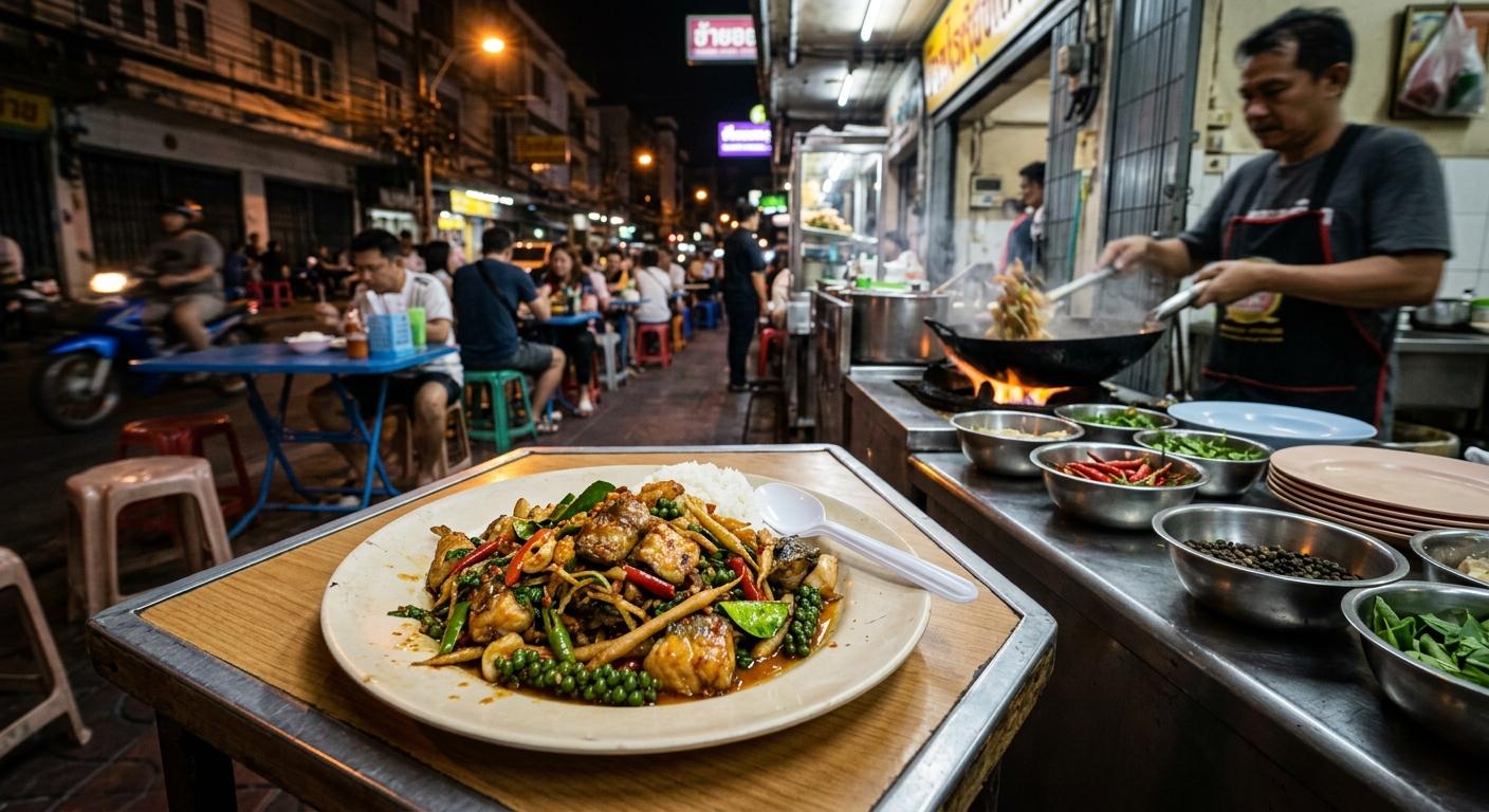 Photorealistic night street-food scene in Bangkok featuring Pad Cha Pla in the foreground on a simple local table, with a slightly chaotic Thai side-street restaurant and neon-lit urban atmosphere in the background.