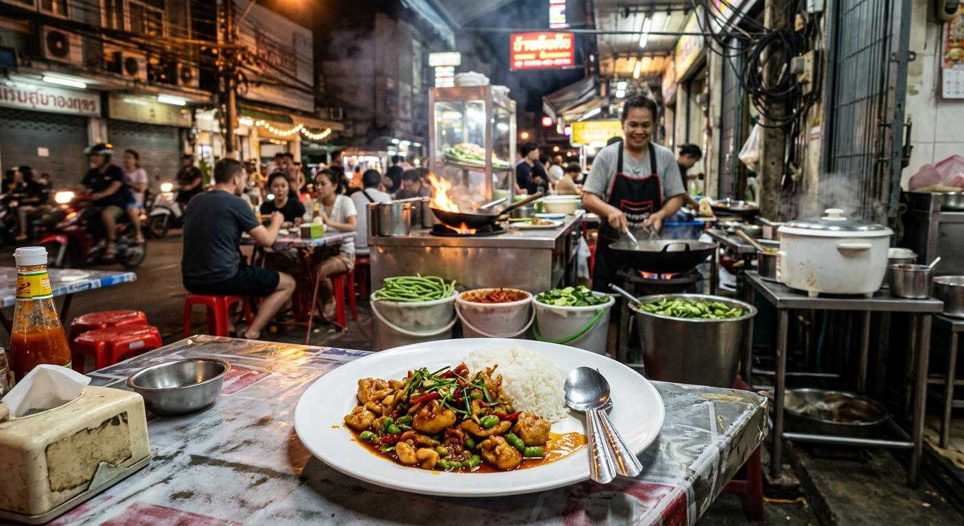 Photorealistic Pad Prik King with chicken and jasmine rice on a simple table in the foreground, set in a busy Bangkok night street-food restaurant with neon light, red plastic stools, wok station, and authentic local atmosphere.