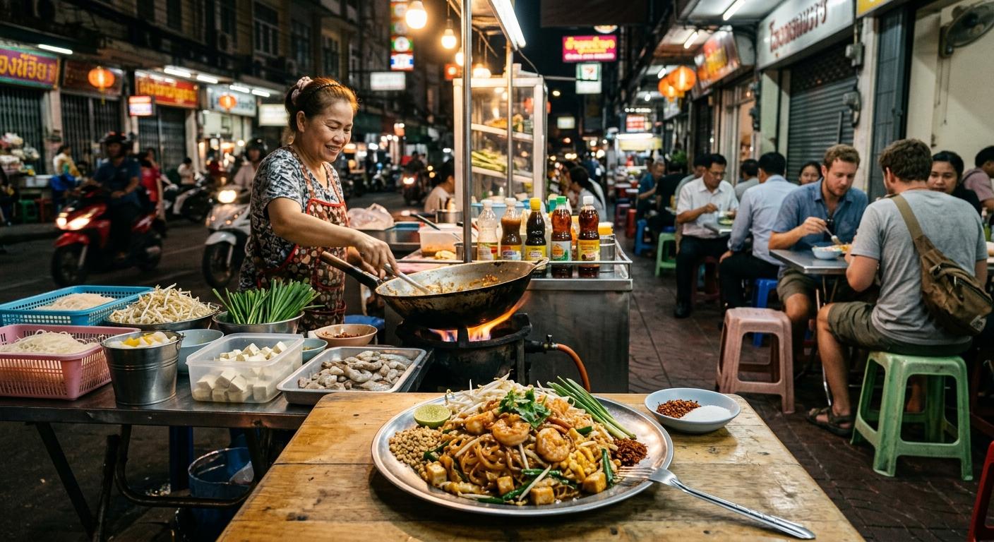 Photorealistic Pad Thai on a simple local table at a busy Bangkok night street food stall with neon lights, red plastic stools, wok station, and mixed local and backpacker diners in the background.