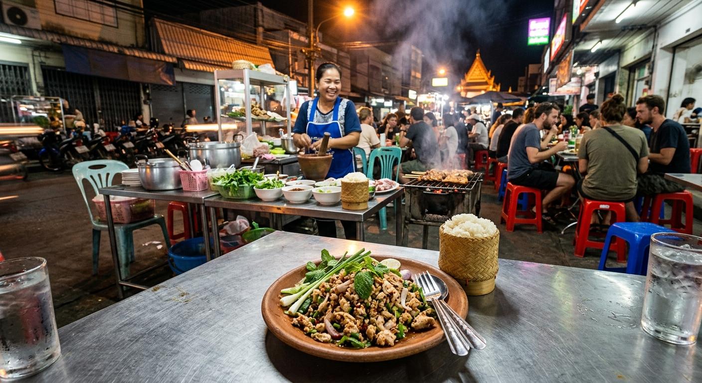 Photorealistic night street-food scene in Ubon Ratchathani with larb gai in the foreground on a simple local table, sticky rice beside it, and an authentic busy Isaan market stall in the background.