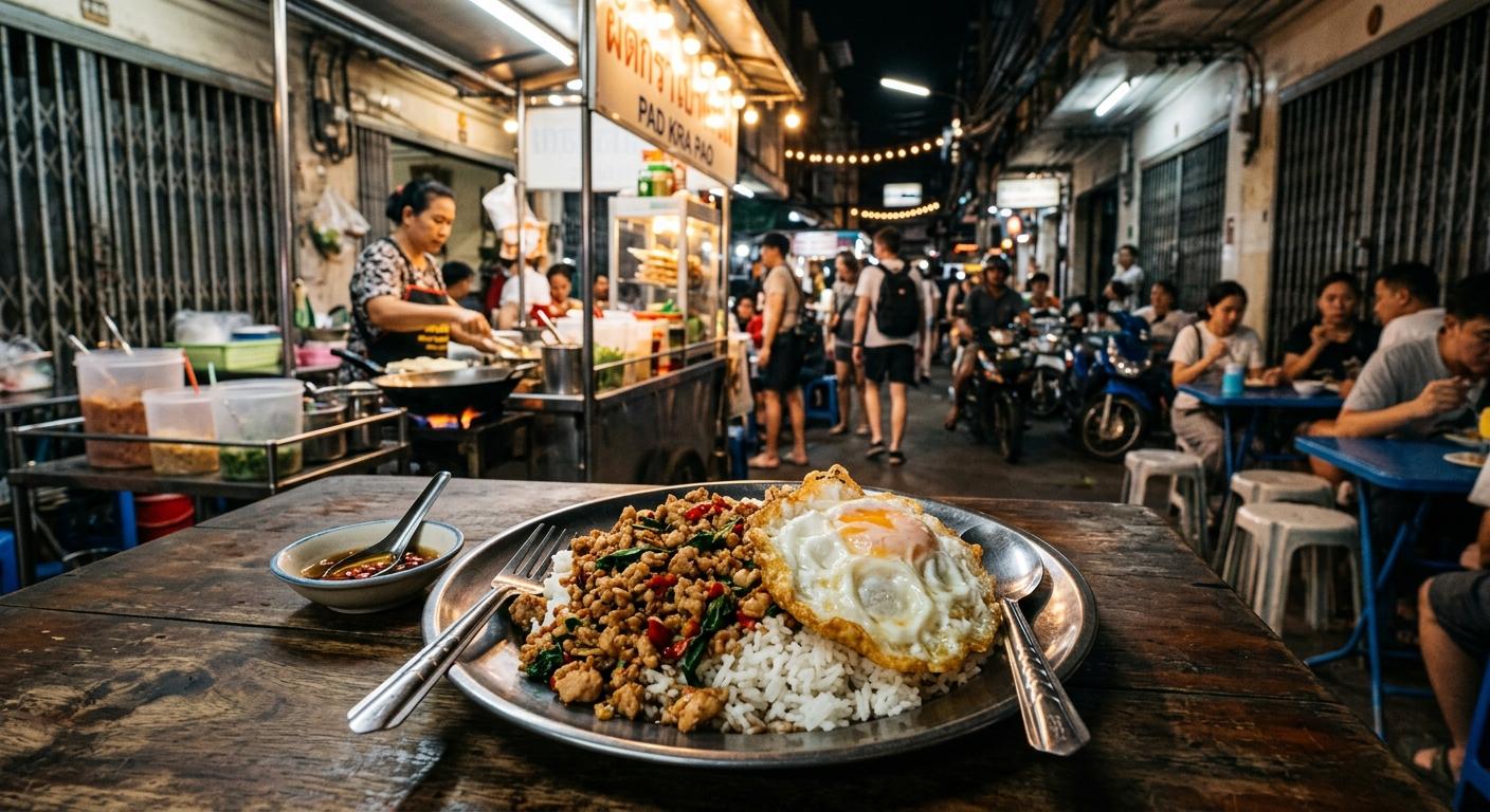 Photorealistic Pad Kra Pao with chicken and crispy fried egg on a simple table in a busy Bangkok night street-food corner restaurant.