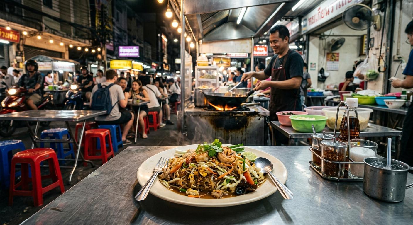 Photorealistic Pad Woon Sen on a simple table in a small Bangkok street-side restaurant at night, with a chaotic authentic Thai street food background.