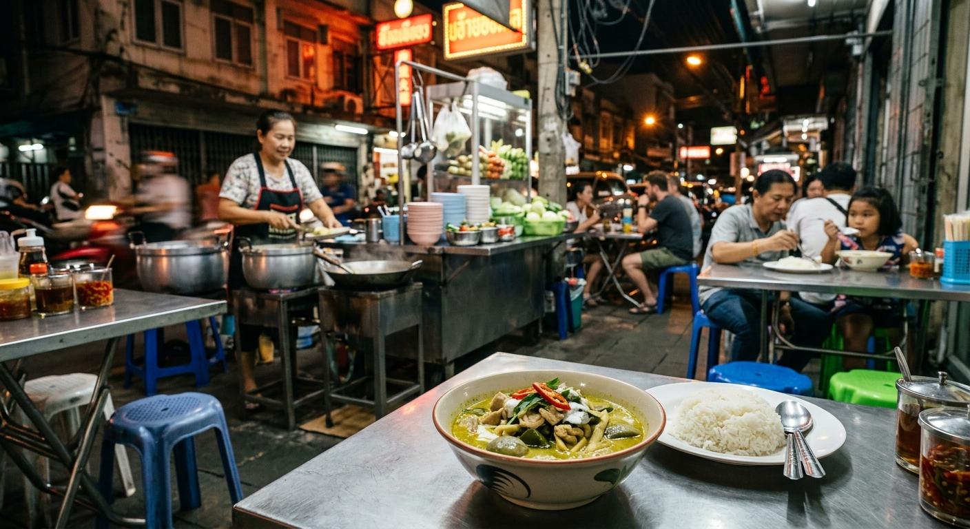 Photorealistic Thai green curry with chicken on a simple metal table in the foreground of a busy Bangkok street-side curry-and-rice shop at night, with neon light, stainless steel pots, plastic stools, and softly blurred diners in the background.