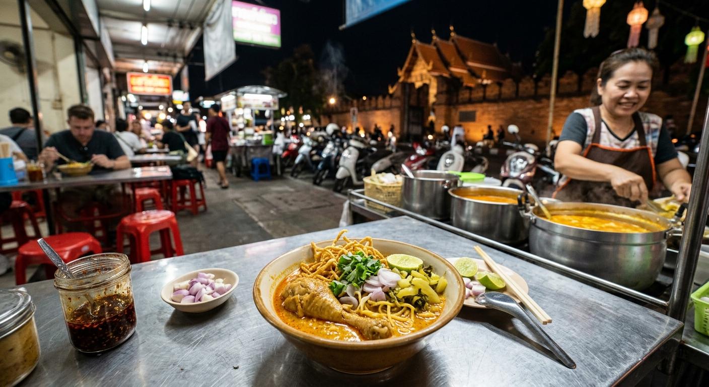 Photorealistic night travel photo of Chiang Mai khao soi with chicken on a simple table in a small authentic street-side restaurant, with warm lights, red plastic stools, curry pots, scooters, and subtle Old City and Lanna temple details in the background.
