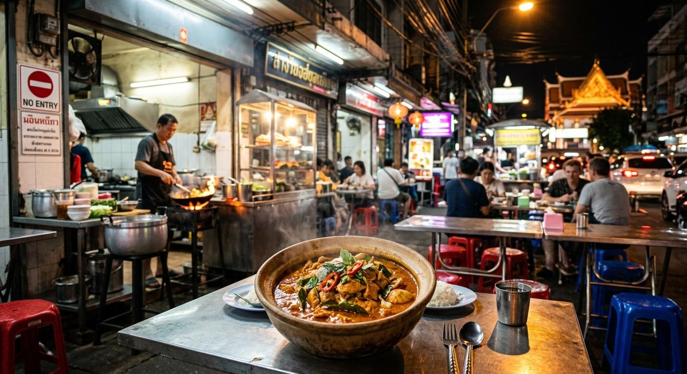 Photorealistic Panang curry with chicken on a simple table in a busy Bangkok street-food restaurant at night, with plastic stools, open wok station, and softly blurred diners in the background.