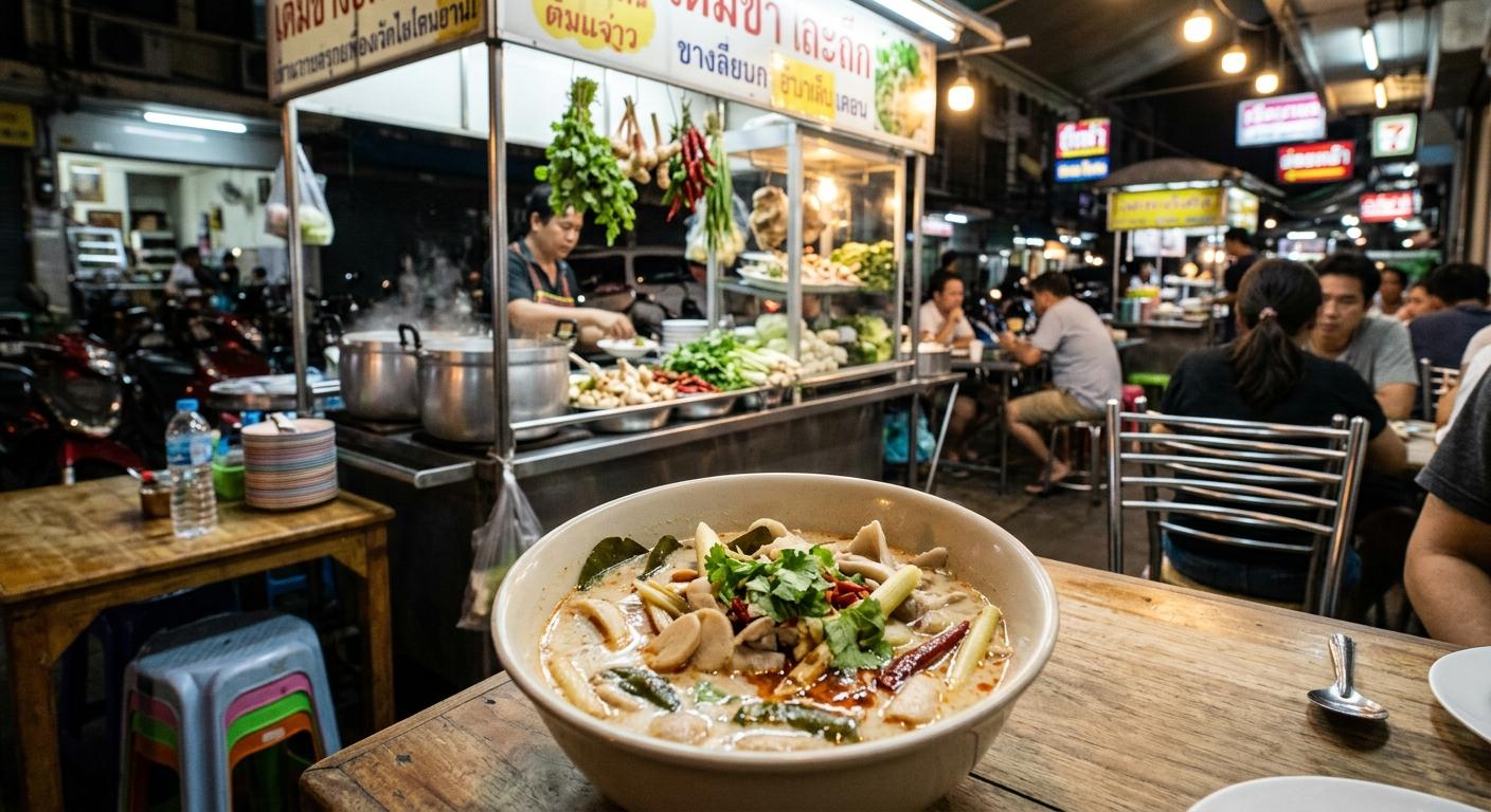 Photorealistic Tom Kha Gai in the foreground on a simple table at a busy Bangkok streetfood soup shop at night, with warm lights, plastic chairs, stainless counters, and an authentic Thai street restaurant background.