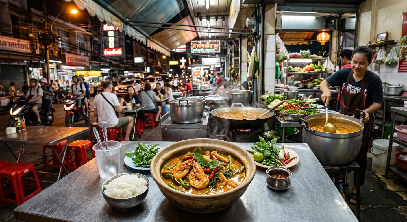 Photorealistic Gaeng Phed Goong on a simple table in the foreground of a busy Bangkok night street-food curry shop with warm neon lighting and authentic local details.