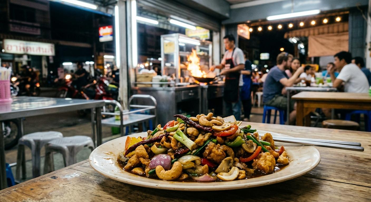 Photorealistic Gai Pad Med Mamuang on a simple table in an authentic open-front Thai-Chinese restaurant in Ubon Ratchathani at night, with neon lights, stainless tables, plastic chairs, and a lively Isaan street-food atmosphere.