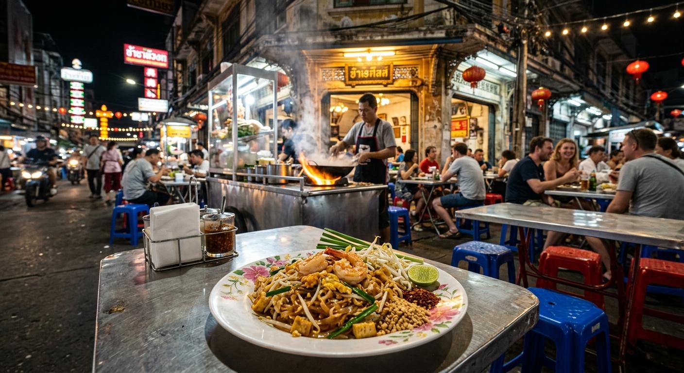 Photorealistic Pad Thai on a simple street-food table in the foreground at a busy Bangkok night market stall with neon lights, red lanterns, plastic stools, and an authentic roadside cooking setup.