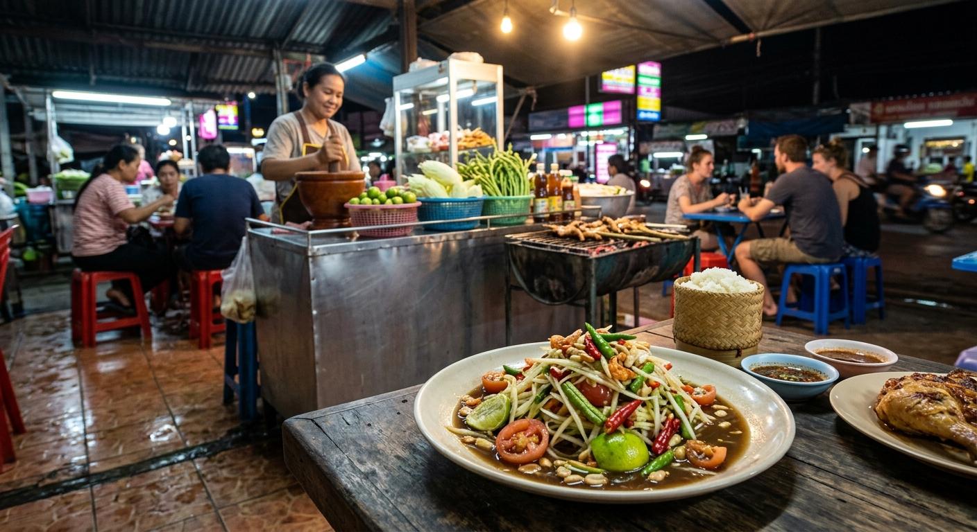 Photorealistic Som Tam on a simple table at a nighttime roadside Isan street food stall in Buriram, with neon reflections, red plastic stools, grill smoke, and a blurred authentic Thai market background.