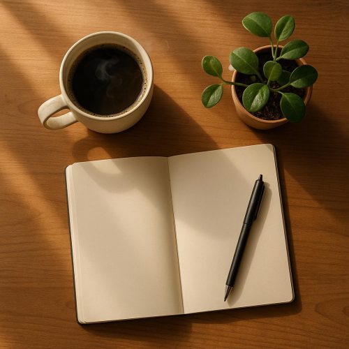 Achtsame Morgenroutine: Kaffee, Notizbuch und Sonnenlicht auf einem Holztisch für einen stressfreien Start in den Tag