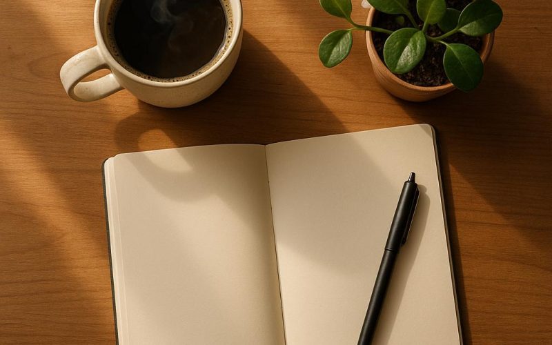 Achtsame Morgenroutine: Kaffee, Notizbuch und Sonnenlicht auf einem Holztisch für einen stressfreien Start in den Tag