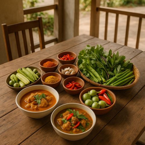 Traditionelle thailändische Gerichte auf rustikalem Holztisch im Chilli House Rawai in Phuket