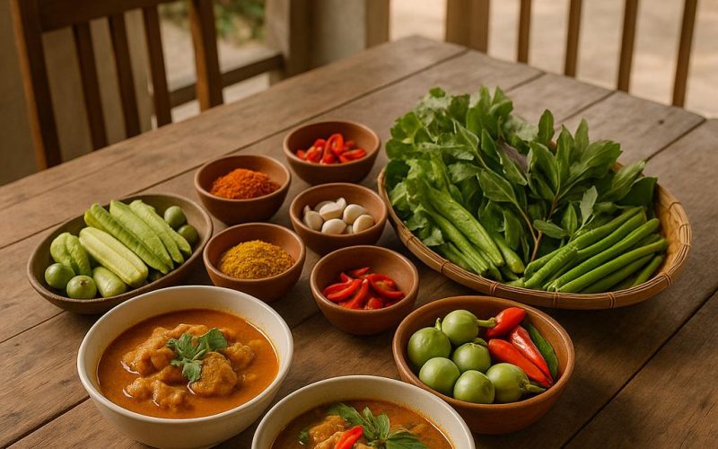 Traditionelle thailändische Gerichte auf rustikalem Holztisch im Chilli House Rawai in Phuket