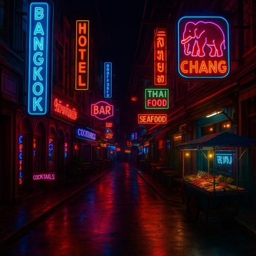 Straße in Bangkok bei Nacht mit Neonlichtern, Bars und Street Food – Symbolbild für das aufregende Nachtleben