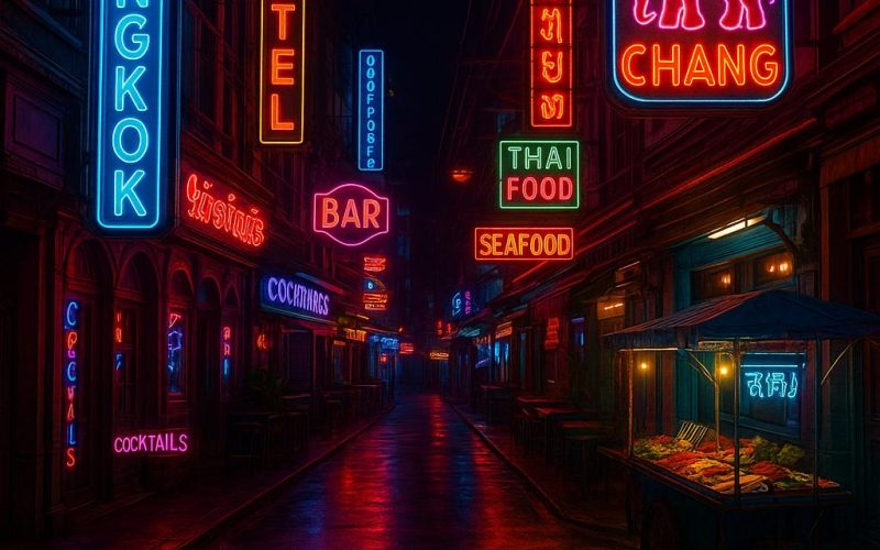 Straße in Bangkok bei Nacht mit Neonlichtern, Bars und Street Food – Symbolbild für das aufregende Nachtleben