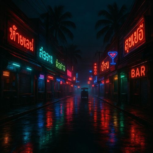 Leere Bangla Road in Patong bei Nacht mit Neonlichtern, tropischem Flair und spiegelndem Asphalt – Fußgängerzone ohne Menschen