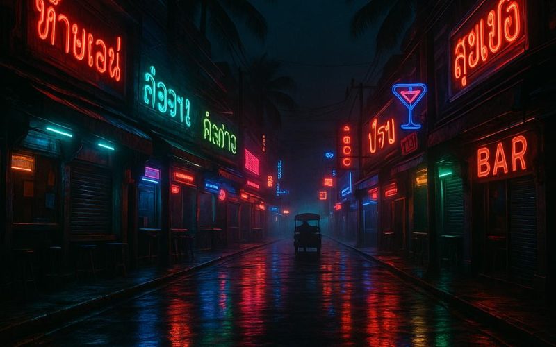 Leere Bangla Road in Patong bei Nacht mit Neonlichtern, tropischem Flair und spiegelndem Asphalt – Fußgängerzone ohne Menschen