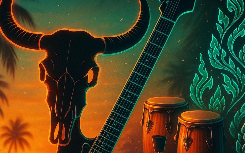 Symbolgrafik zu Carabao: Wasserbüffel-Silhouette, E-Gitarre und Congas vor thailändischen Ornamenten im Neon-Look – Latin Rock trifft Samcha in Thailand